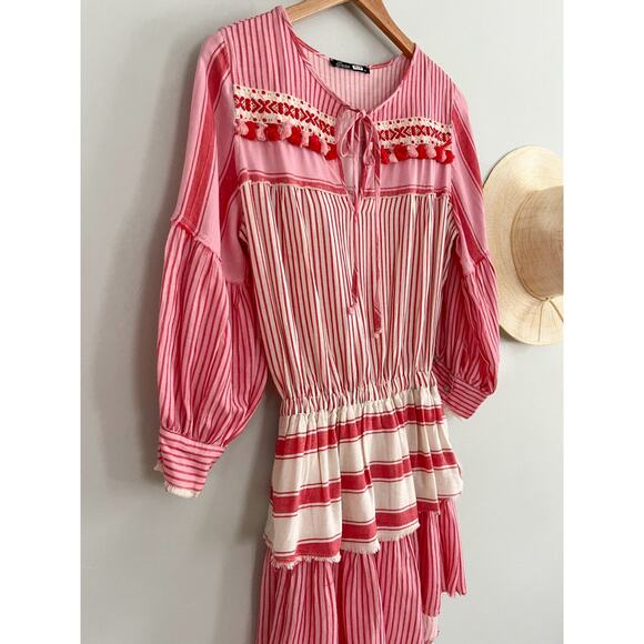 Devotion Twins | Greek Embroidered Tunic Boho Dress | Red Pink | Sz XS - Picture 2 of 16